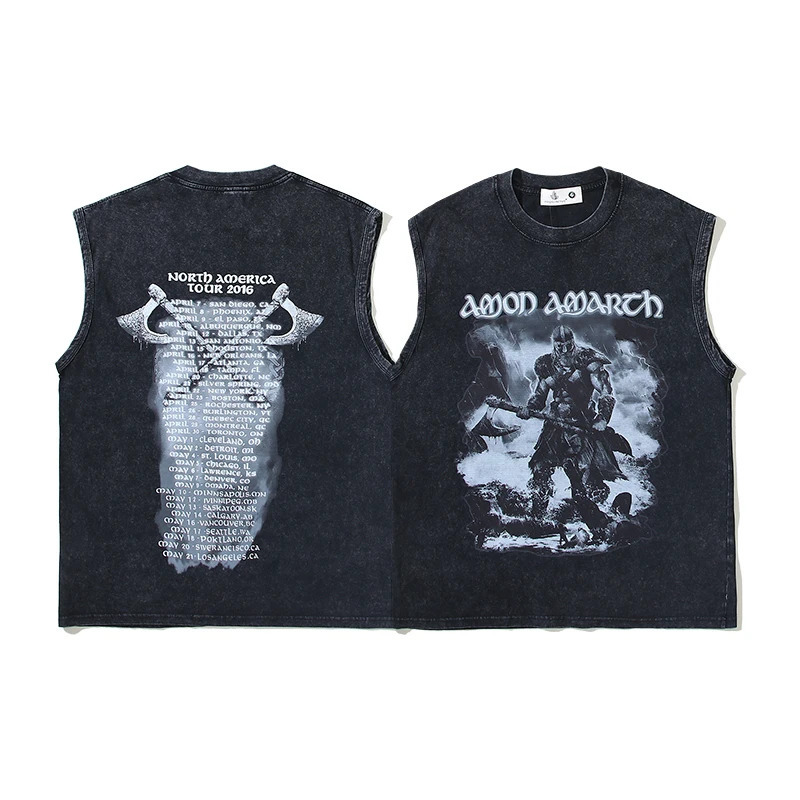 100% pure cotton Amun Amas band vintage distressed long sleeved sleeveless T-shirt cut sleeves mens vest 250408