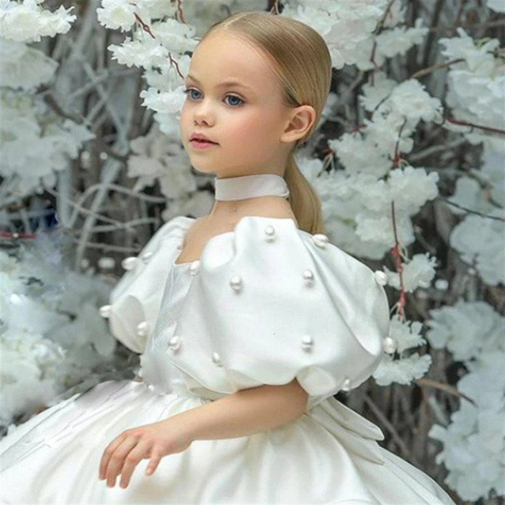 Elegant satin floral dress for girls used for weddings pearl bows fluffy princess birthday parties ball dresses and first communion dresses 250403