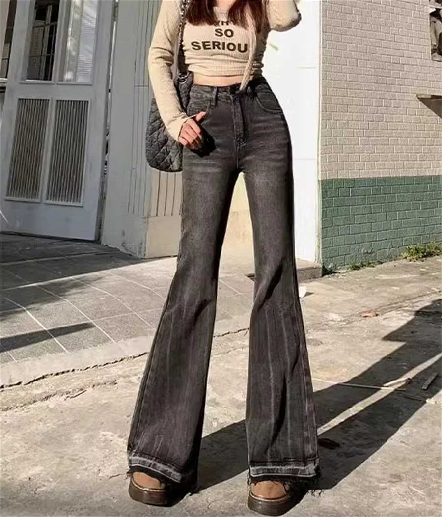 Burr Edge Design Vintage Flare Jeans High Waist Korea Casual Skinny Denim Pants New Women Streetwear Strecth Boot Cut vaqueros C251110