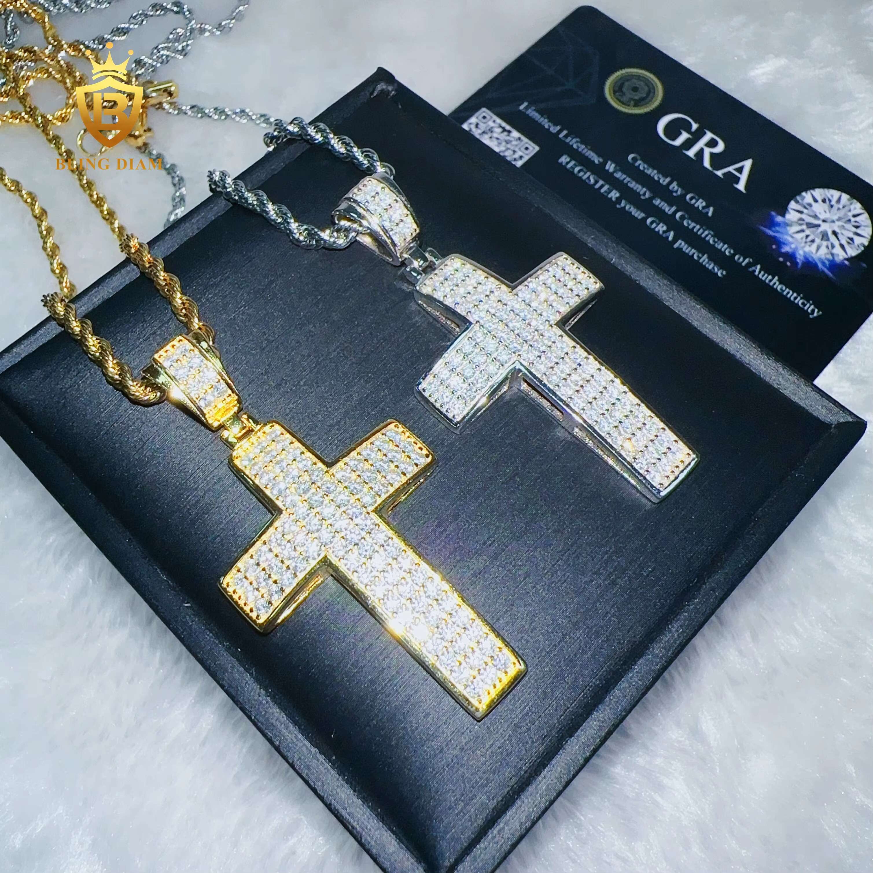 Blingdiam Custom Hip Hop Jewelry VVS Moissanite Cross Pendant 925 Sterling Silver Charm Necklace for Women Men