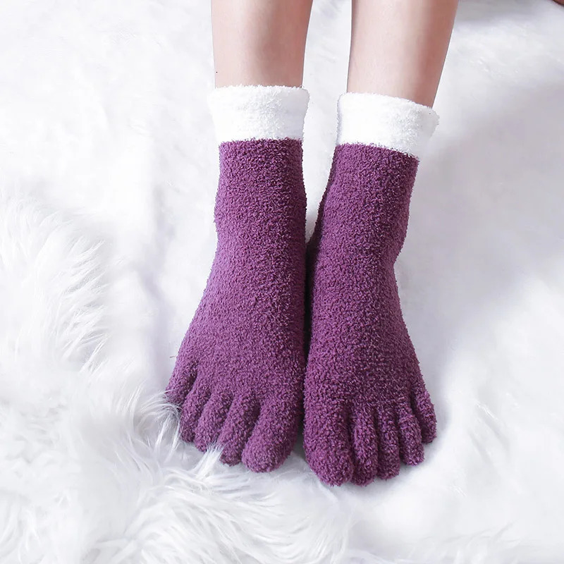 Winter Warm Socks with Fingers Women s Thick Coral Fleece Fluffy Bed Sock Soft Cozy Purple Striped Slipper Socks with Toes 251106