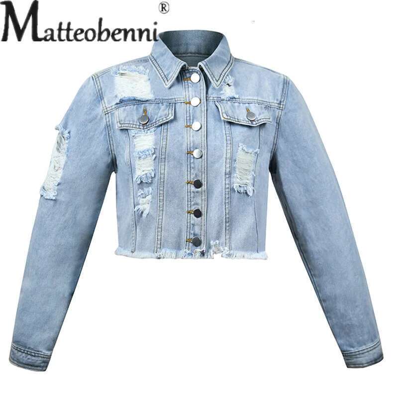 Fashion Broken Holes Long Sleeves Button Splicing Denim Jacket Women's Streetwear Daily Casual Female Lapel Blue Short Coat 2023