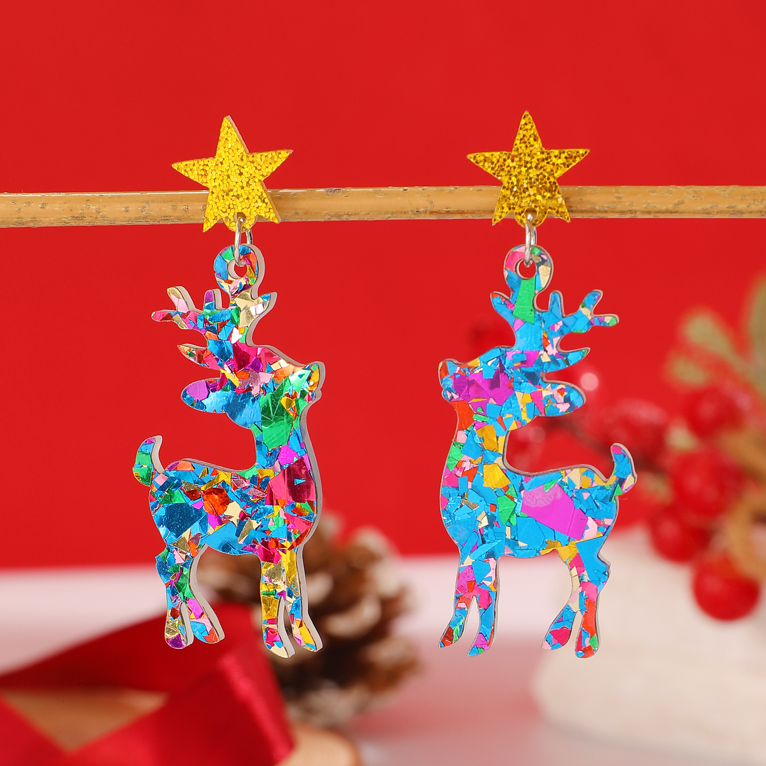 Acrylic Sequin Reindeer Deer Animal Pentagram Earrings Christmas Ear Accessories