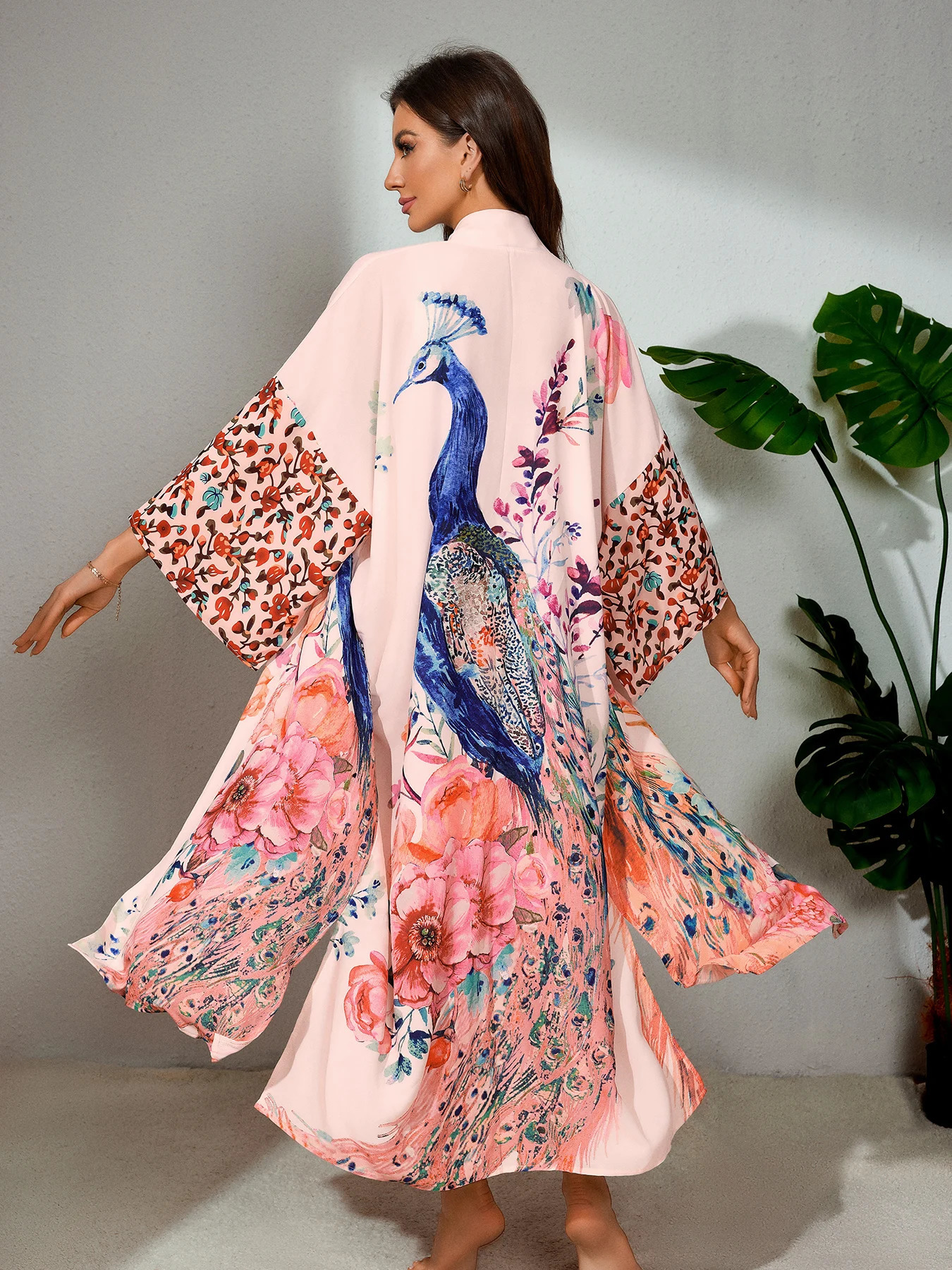 Peocock printed beach cover Ups kimono cardigan with waist belt wrapped dress Summer holiday bathroom set 250408