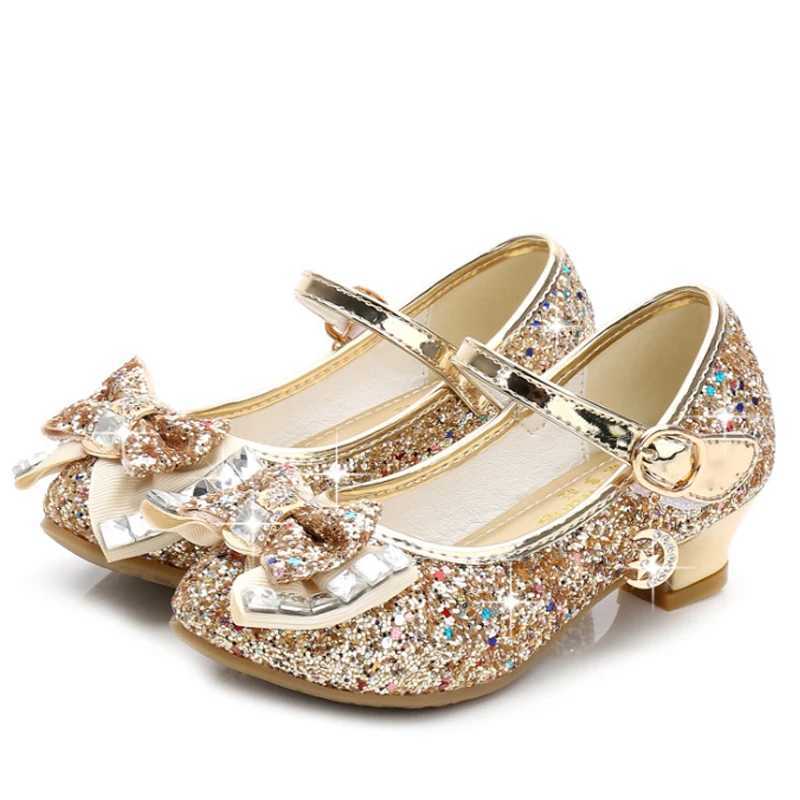 Princess childrens leather shoes girls flower casual flash childrens high heels girls shoes bow blue pink silver Z250410