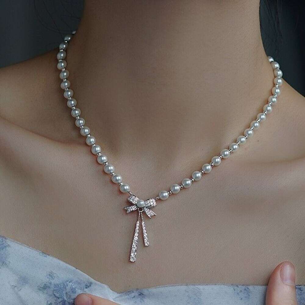 Bowknot Pearl Necklace for Women Wholesale High-end Light Luxury Exquisite Sweater Chain Sweet Cool Ins Korean Style Choker