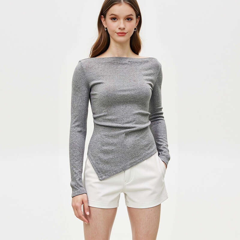 Ruixiu Cross-Border Foreign Trade European and American Style Elegant Knitted Sweater 2025 Autumn New Gray Asymmetrical Long Sleeve Top Women's C