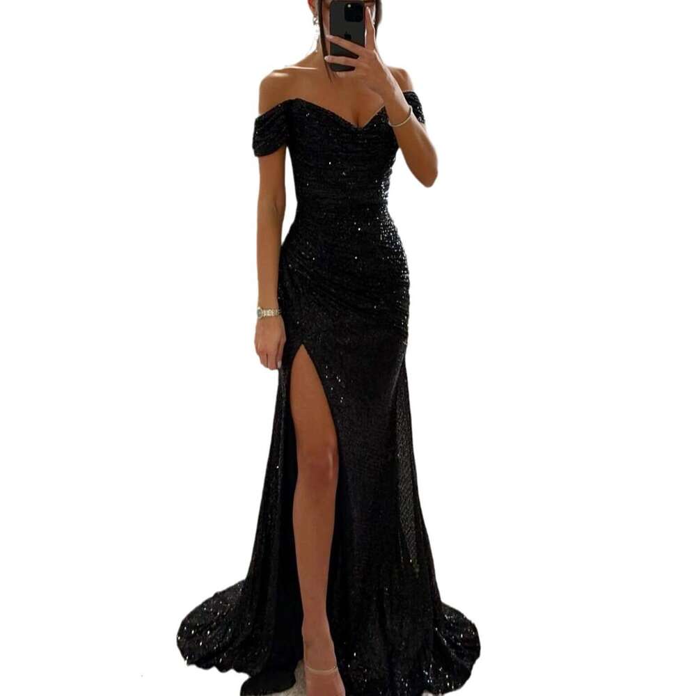 Single-Neck Sequin Slit Evening Fashion European SEXY DRESSES FOR WOMEN Women's Night club maxi dress