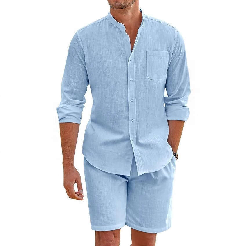 Amazon Men's Summer Two-Piece Set Polyester Button Shirt Long Sleeve Shorts Cardigan Simple Casual Beachwear