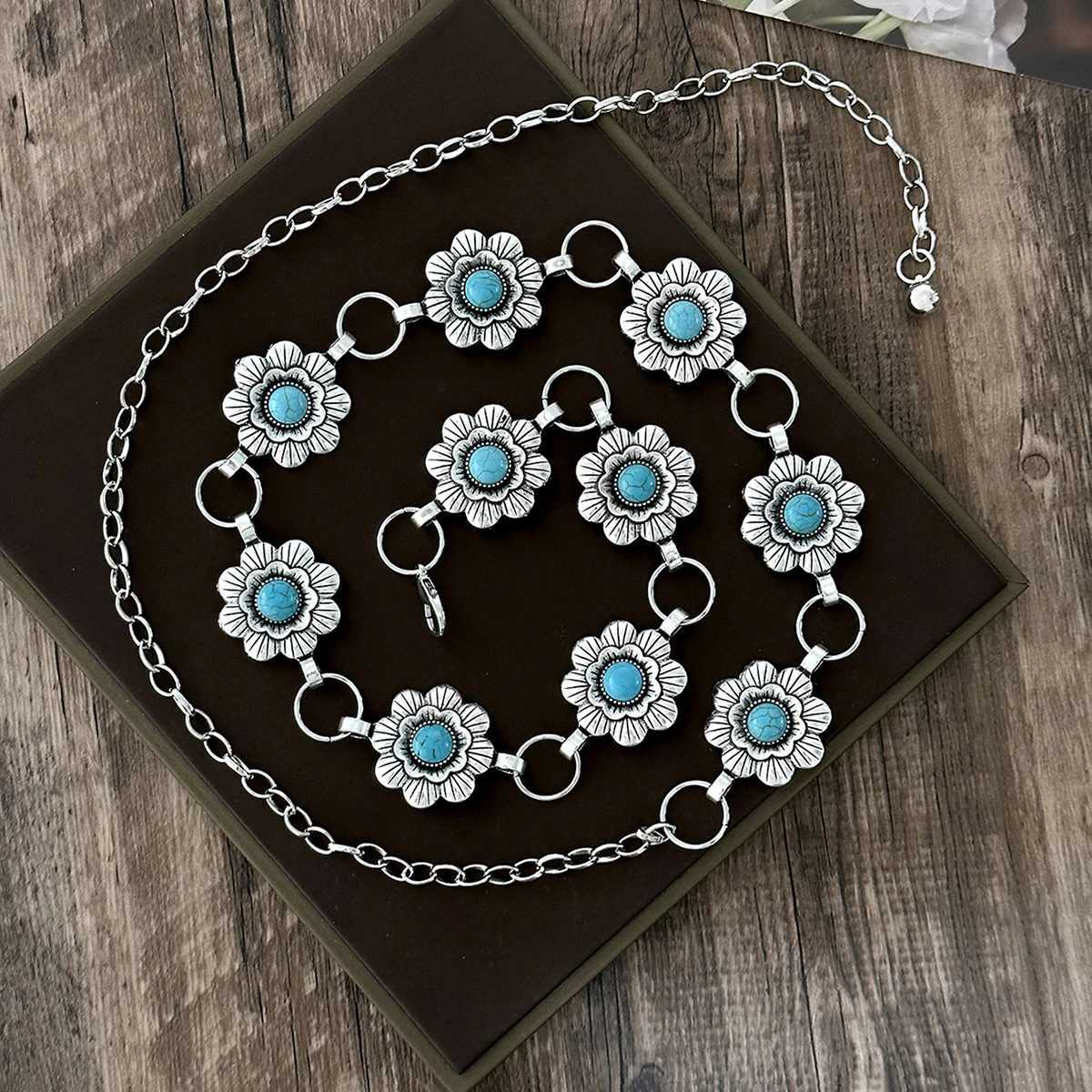 Bohen Retro Love Carved Turquoise Ladies Silver Waist Chain X250410