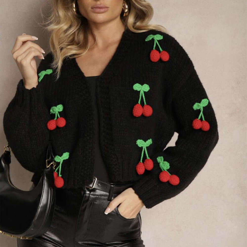 3D Cherry Pattern Women's Elegant Sweater Cardigan 2025 Autumn Winter New European and American Cross-Border Button Long Sleeve Knit
