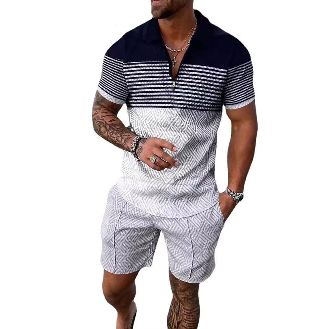 2023 mens new casual color contrast POLO zip polo short sleeve suit