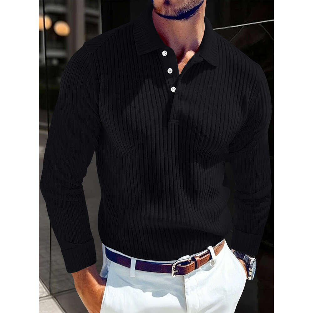 Cross-Border New European and American Men's T-Shirt Knitted Lapel Business Button Slim Fit Long Sleeve Polo Shirt