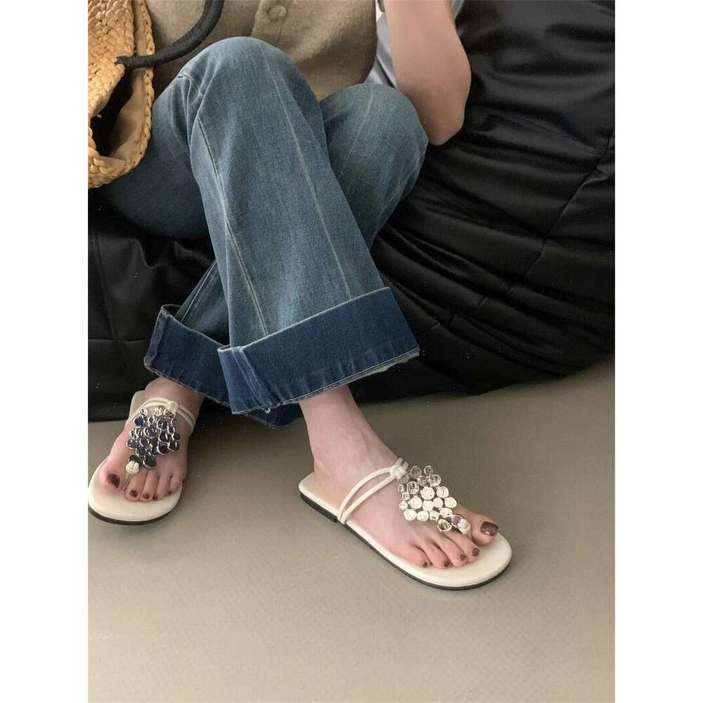 Woman Sandals Summer New Sequined Women Metal Low Heel Flat Roman Sandals Square Toe Flip Flops For Women