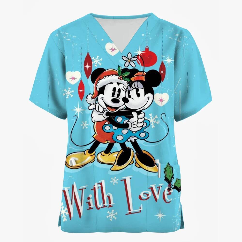 Ddmytues Christmas Mouse Print Nurse Men's And Women's Frosted Short Sleeved Pocket Work Uniform Medical Care Top