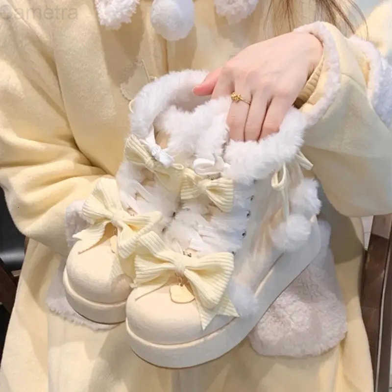 Sanrio Lovely Girls Lolita Winter Warm Snow BootsStudents Sweet Plush Bowknots PU Leather Lace Up Heightening Mid-Calf Platform Shoes H251110