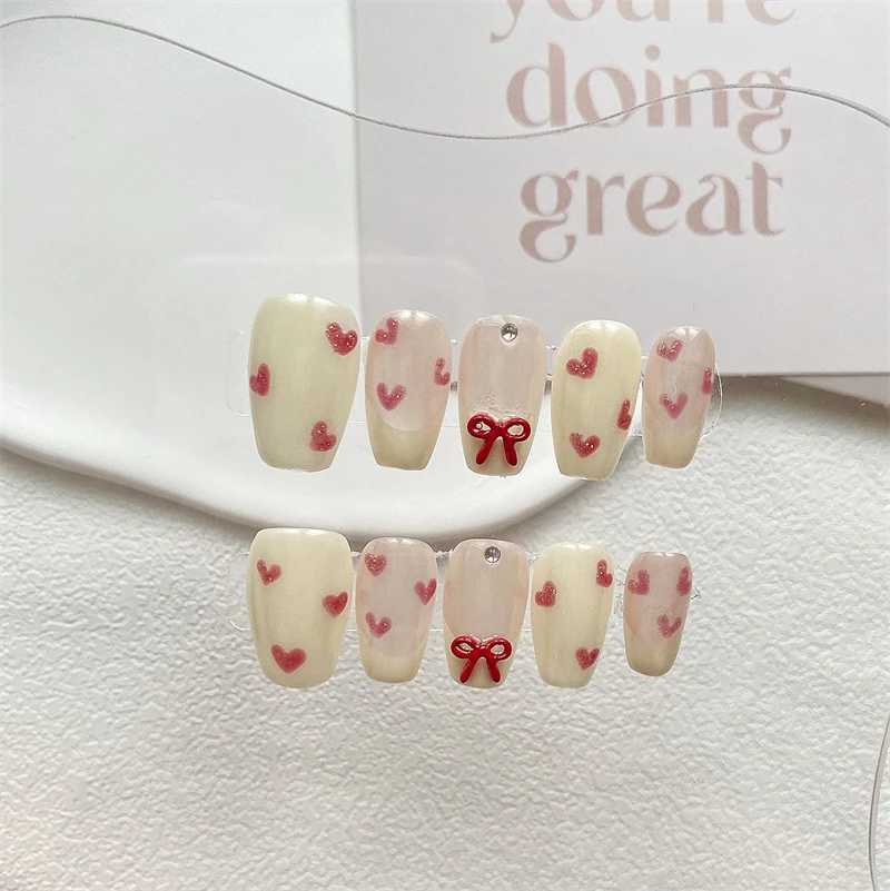 Hand pressed nails fully covered bow knot heart-shaped acrylic French fake nails cute reusable handle nail kit with aurora W250410