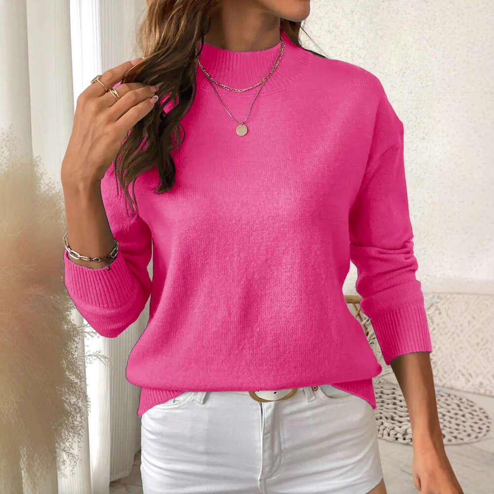 Autumn Winter Half Turtleneck Long Sleeve Sweater Women Cross-Border Foreign Trade Women's Fashion Solid Color Loose Knitted Pullover Top