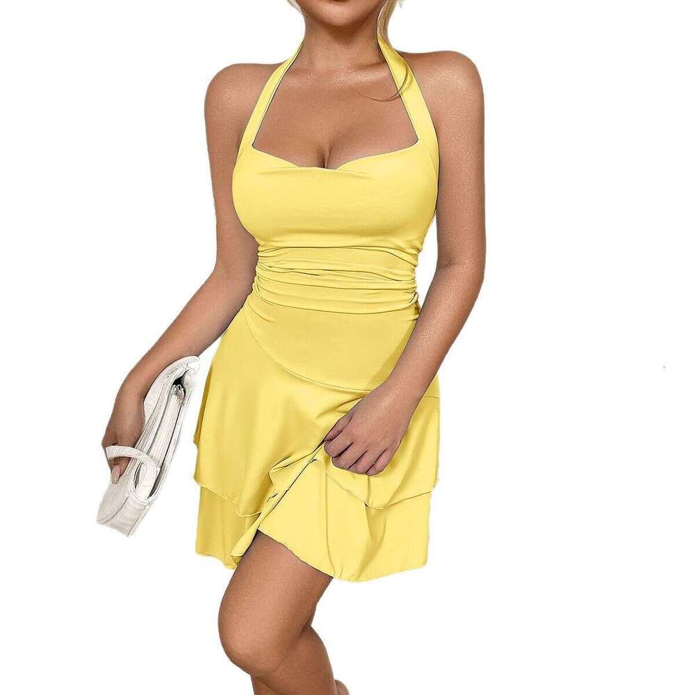 Pure Desire Women's European American Hanging Neck Swinging Collar Fashionable Waist Folding Sexy Dress 2025 New Style Elegant and Unique Clothin