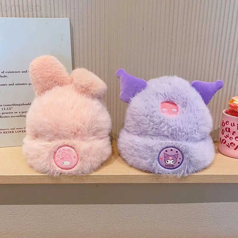 Sanrio New Hello Kitty Kuromi My Melody anime-themed pattern cartoon cute girls warm hat kawaii fleece-lined winter knit hat H251110