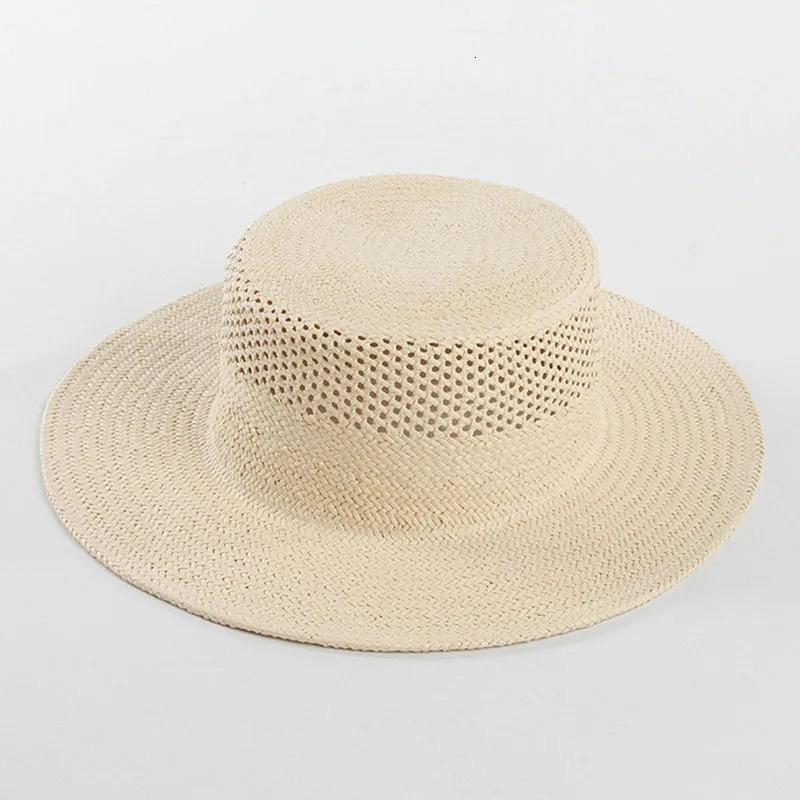 Fashion Women Beige Straw Fedora Hats Ladies Wide Brim Summer Hat Hand Woven Hollow Straw Sun Hat for Derby Travel Beach Hat 250409