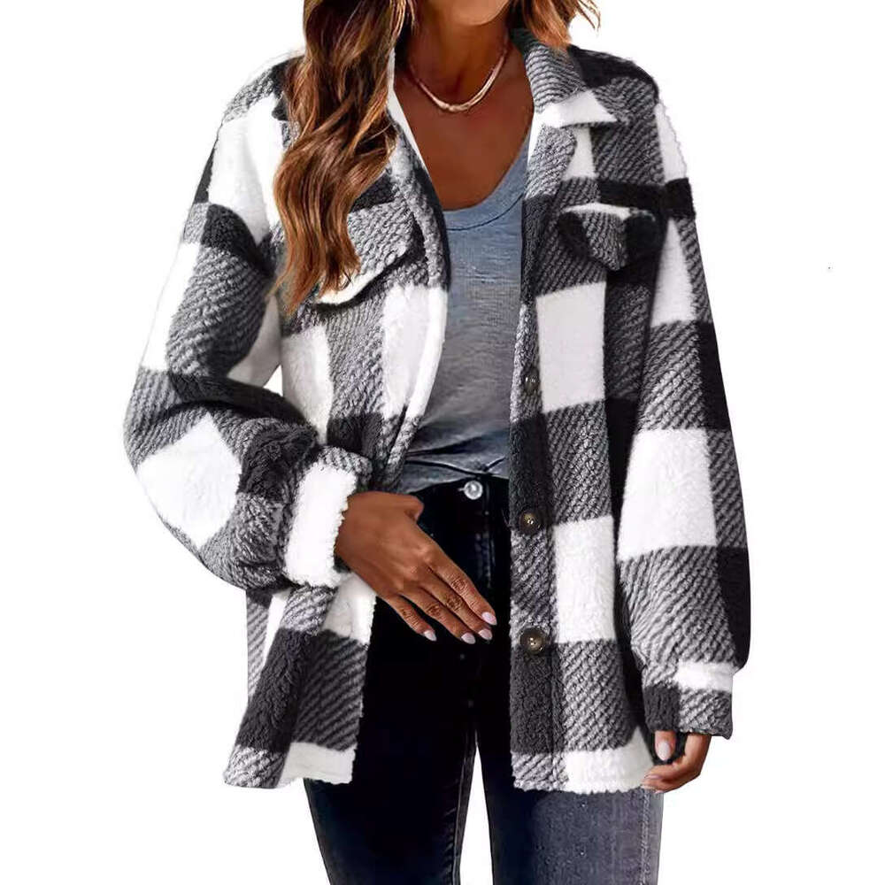 2025 New Cross-Border Women's Clothing Amazon Autumn Winter Plaid Lamb Wool Jacket with Pockets Button Plush Coat