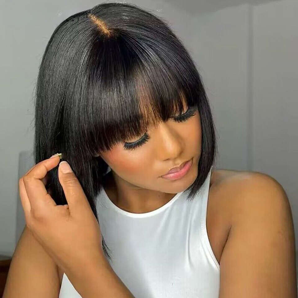 Glueless Short BOB 4X1 Lace Front - Brazilian Remy Human Hair Straight Bob With Bangs Density, No Glue Needed, Easy Wear Instant Wig Women Men | Comfo