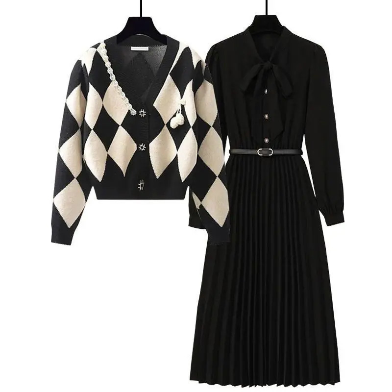 Spring Autumn Sweater Outfits Womens Vintage Plaid Elegant Casual Knitted Cardigan Coat Black Slim Midi Dress Two Piece Set 251110