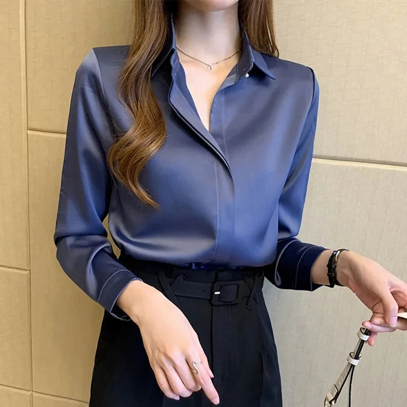 Satin womens retro long sleeved shirt womens silk elegant womens top decoration white shirt autumn womens clothing 250409