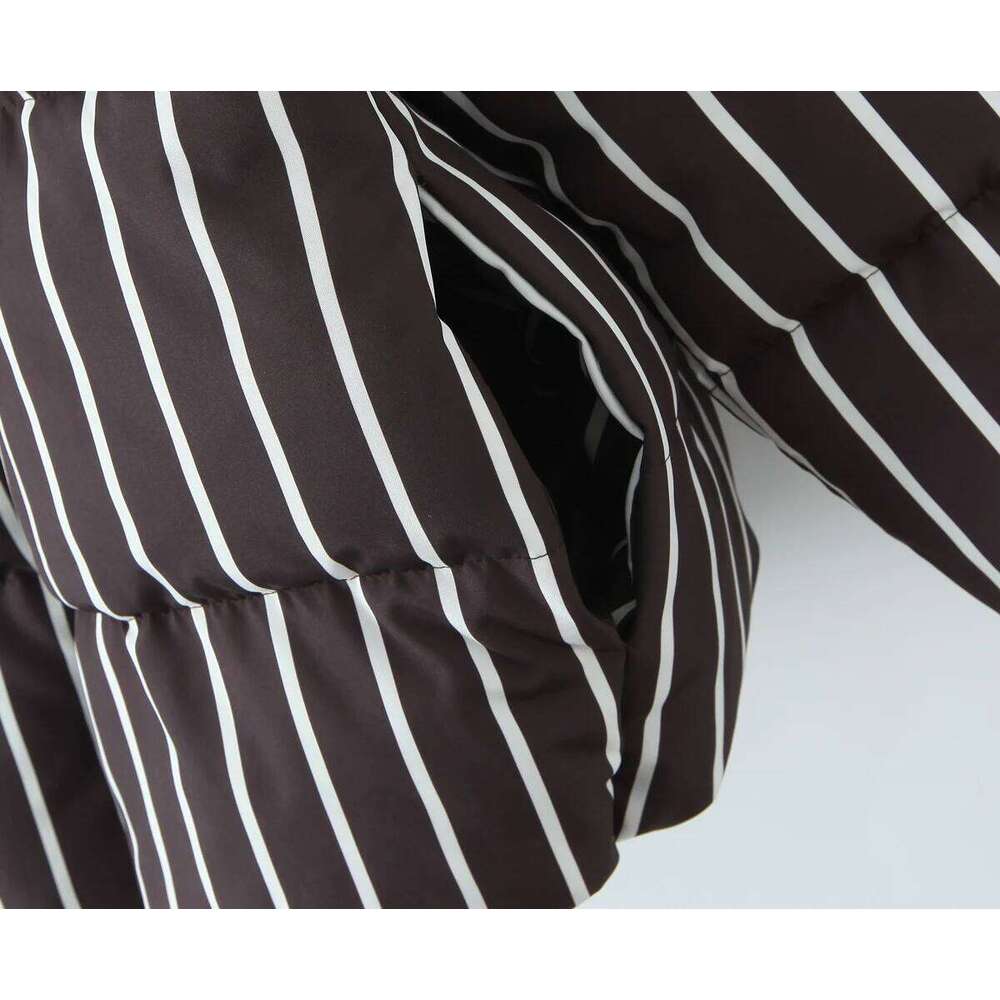 Winter CHIC Women Stand Collar Contrast Color Stripes Parka Coat Removable Hooded Zip Up Full Sleeve Bread Outerwear Coffee