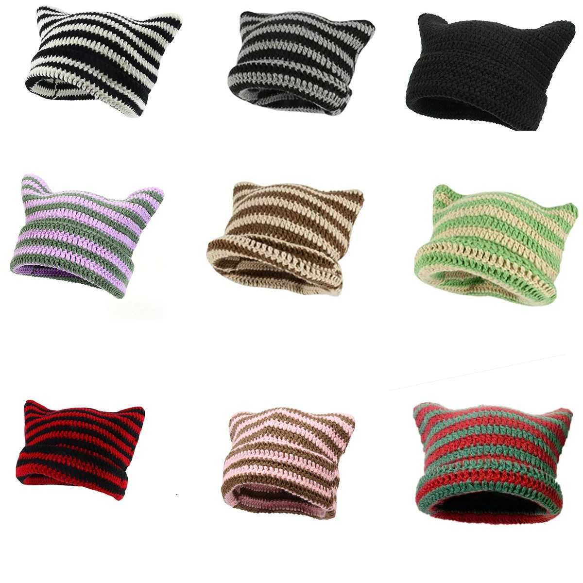 Cute Cat Ears Beanie Hats for Women Winter Striped Korean Punk Gothic Y2K Wool Knitted Streetwear Handmade Crochet Bucket CapXJ251110