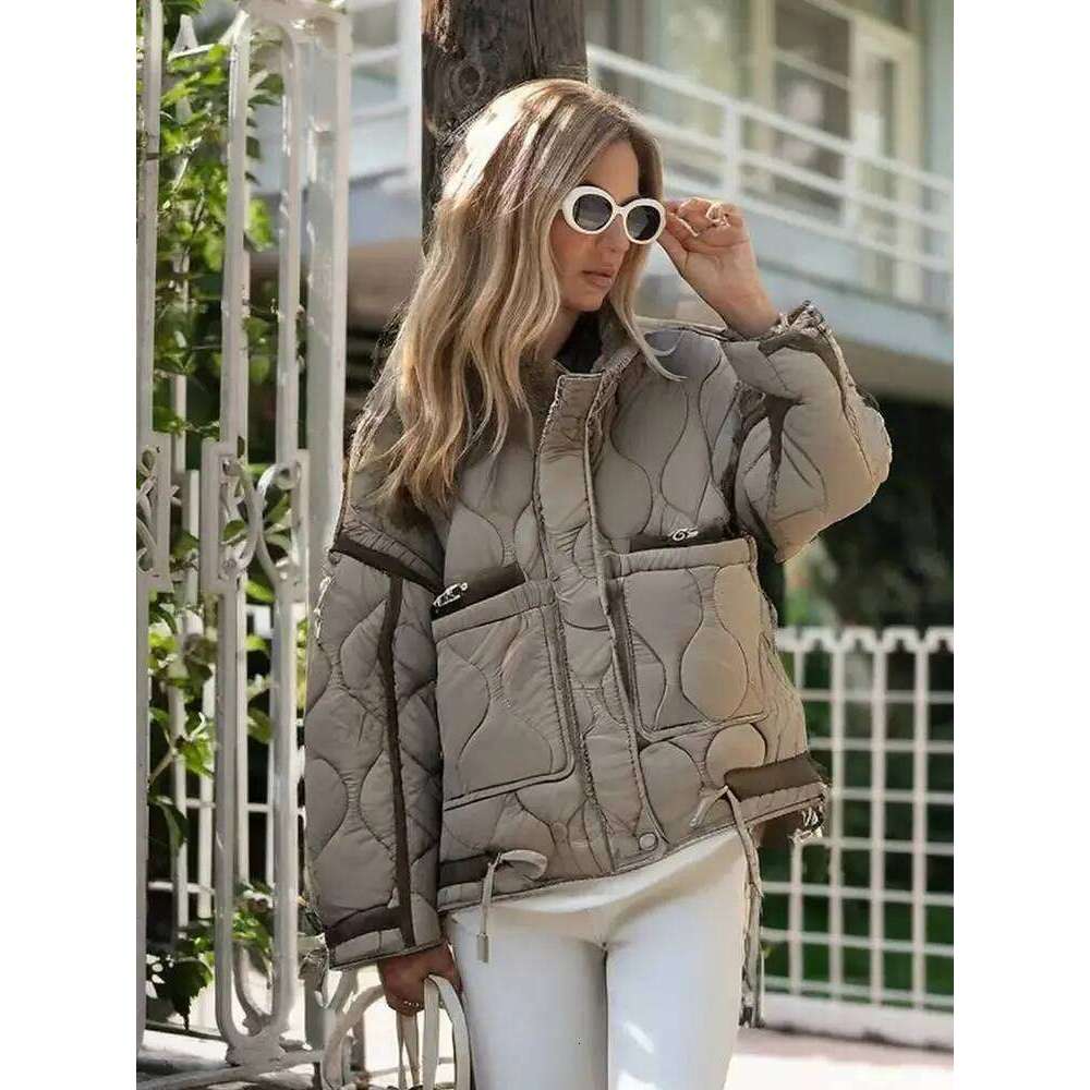 Winter Cotton Retro Solid Color Stand Collar Women's Elegant Large Pocket Quilted Highstreet Jacket