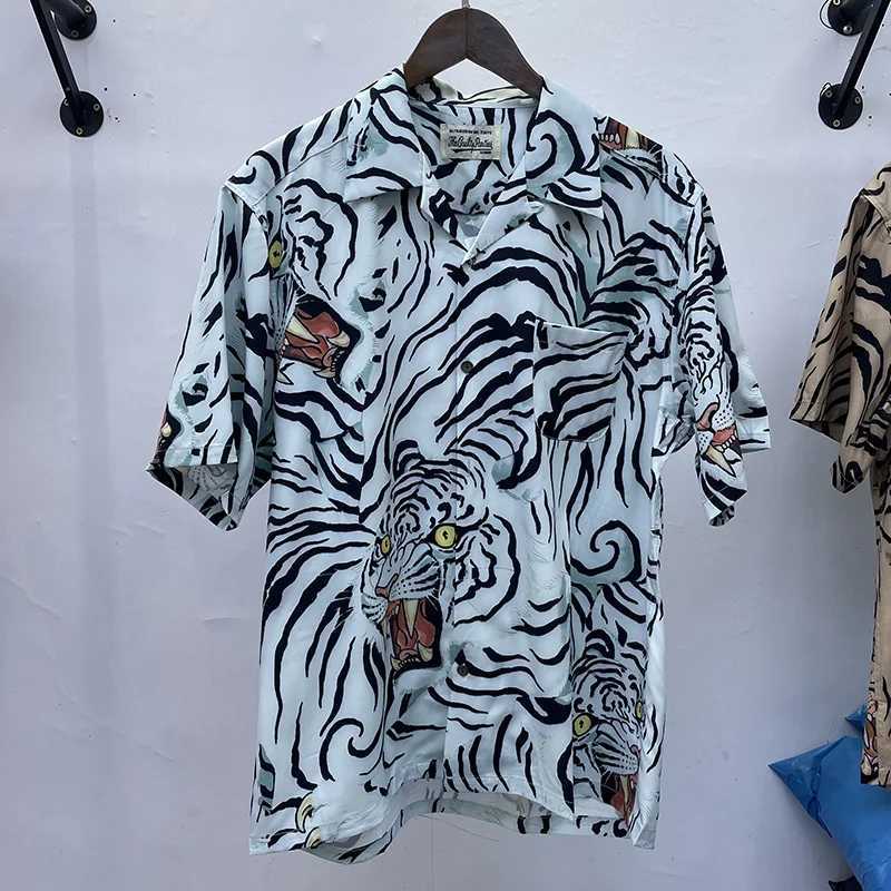 Tiger Print Top T-shirt Retro Collar Hawaii WACKO MARIA Shirt Mens Summer Style High Street Short Sleeve X250410