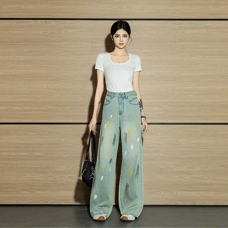 Autumn Fashion Retro Graffiti Womens Jeans Niche Personality Mop Pants High-Waisted Straight Pants Denim Jeans for Woman C251110