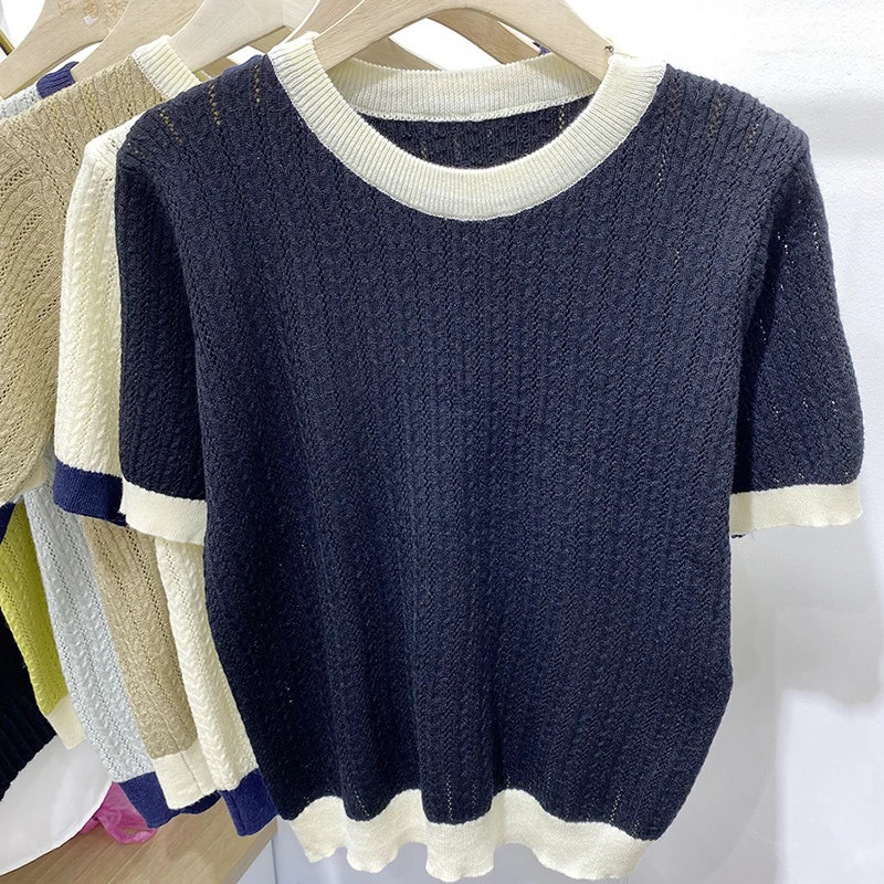 Korean fashion clothing summer thin hollow T-shirt womens knitted top womens casual T-shirt short sleeved T-shirt 250410