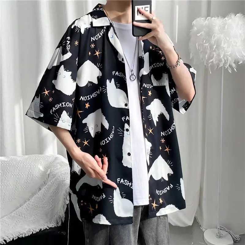 Summer Hawaiian mens hip-hop mens Japanese geisha funny print white pink shirt mens casual holiday top X250410