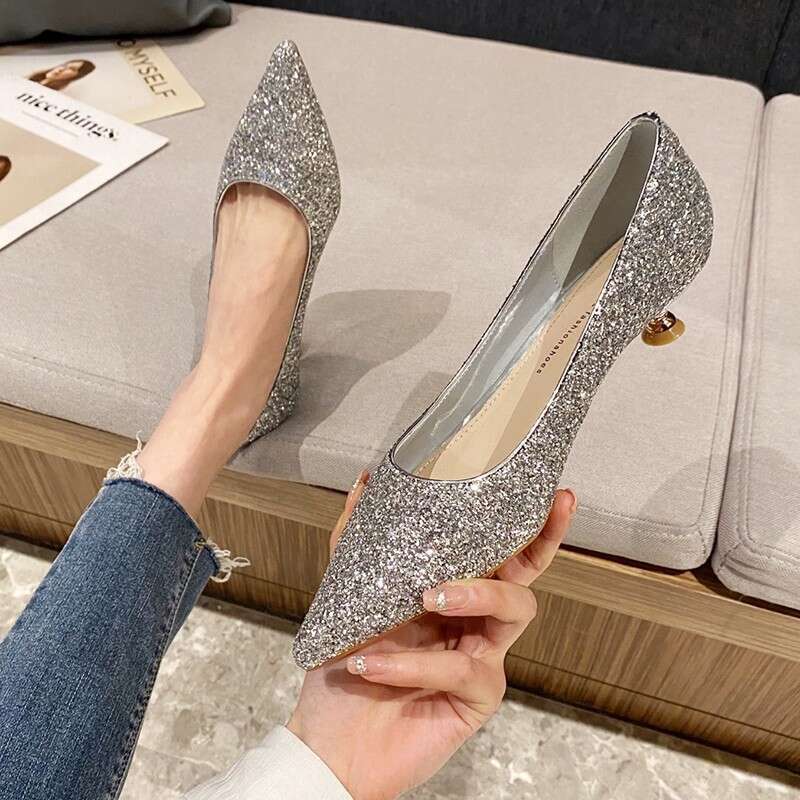 Woman Sandals Temperament Shallow Mouth Large Women S Autumn New Low Heel End Single Shoes With Sparkling Pointed Points Not Exhausting Feet High Heel