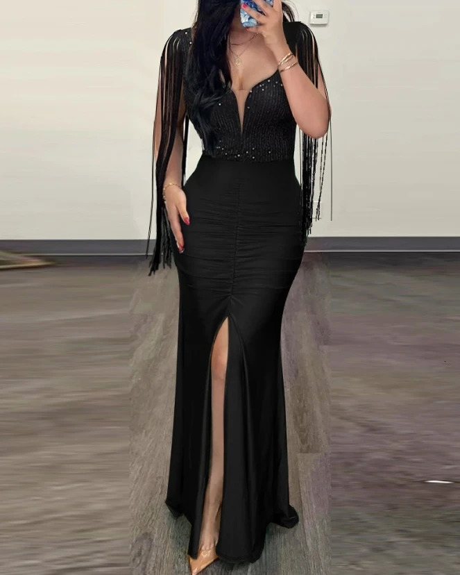 Elegant womens evening dress sexy contrast sequin pleated edge sewn evening dress fashion casual womens wear 250403