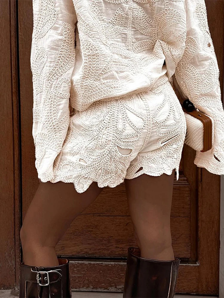 Hollow Embroidered Shirt Set for Women Loose Solid Full Sleeve Irregular High Waist Shorts Set for Women Spring Dress 250409