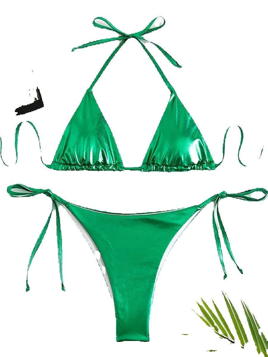 Sexy metal camisole lace up set triangle tie side bikini 2025 Brazilian women's swimsuit