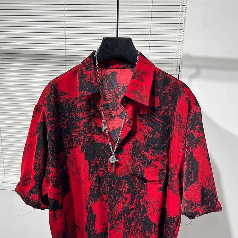 Mens Shirt Irregular Red Landscape Painting Shirt Summer Daily Niche Beach Vacation Hawaii Personalized Top Mens Wear 2024 X250410