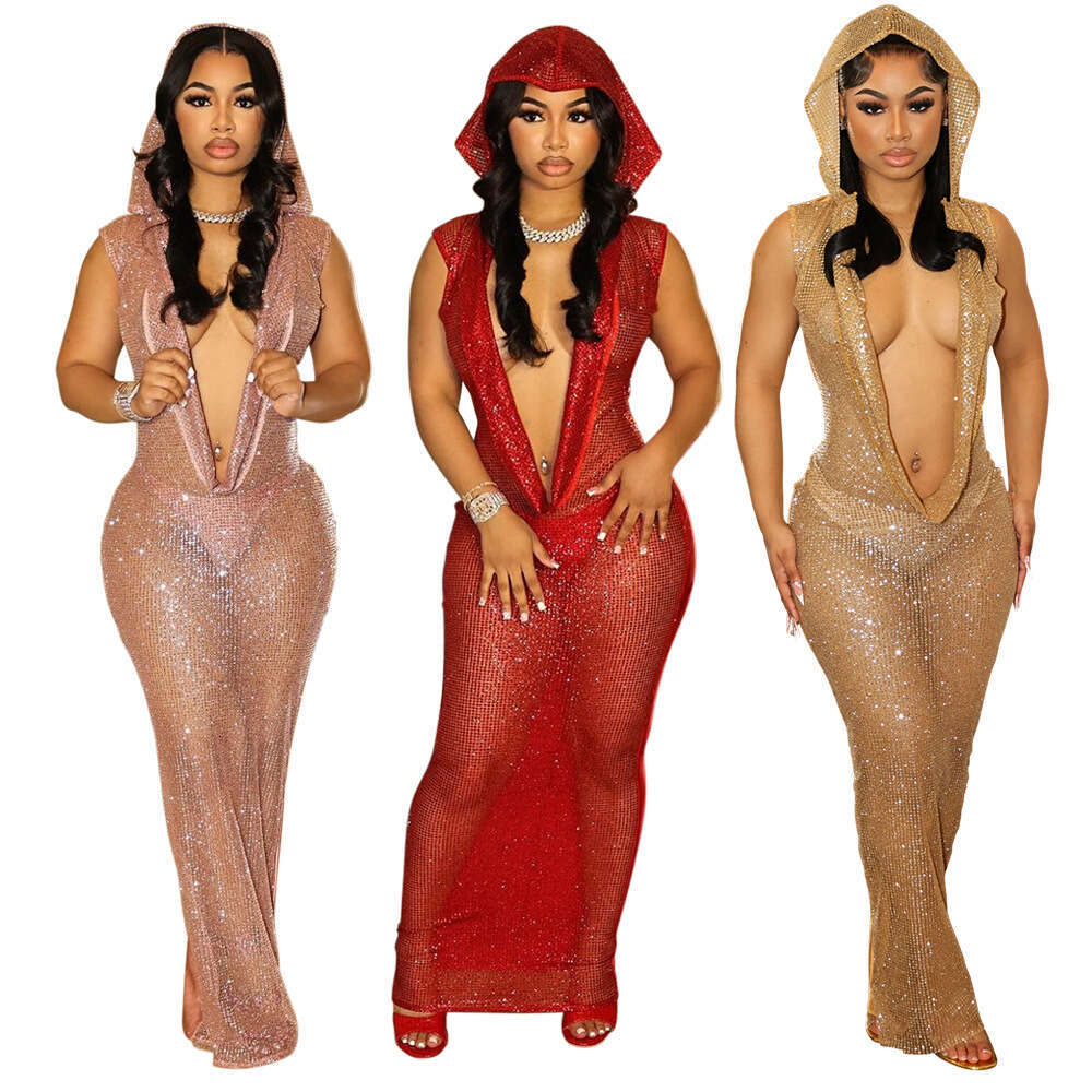 Sexy Deep V Sheer Sequin Long Night club dress Foreign Trade New Women's Style SEXY DRESSES FOR WOMEN