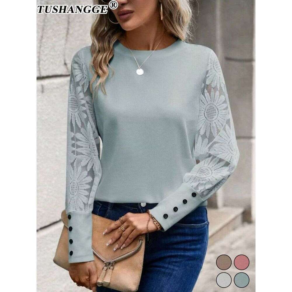2024 Autumn Hot-Selling European and American Foreign Trade Amazon Solid Color Long Sleeve Embroidered Lace Patchwork Waffle Round Neck Top