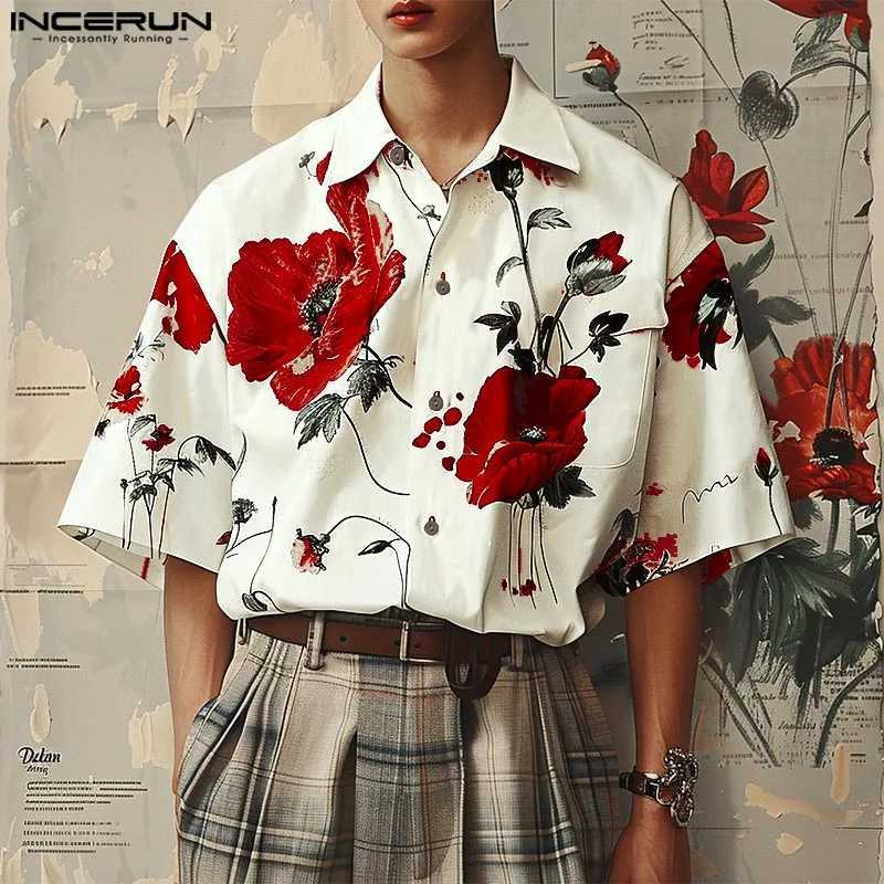 mens shirt floral print lapel short sLeeved casual mens streetwear summer loose 2024 fashionable mens shirt S-5XL X250410