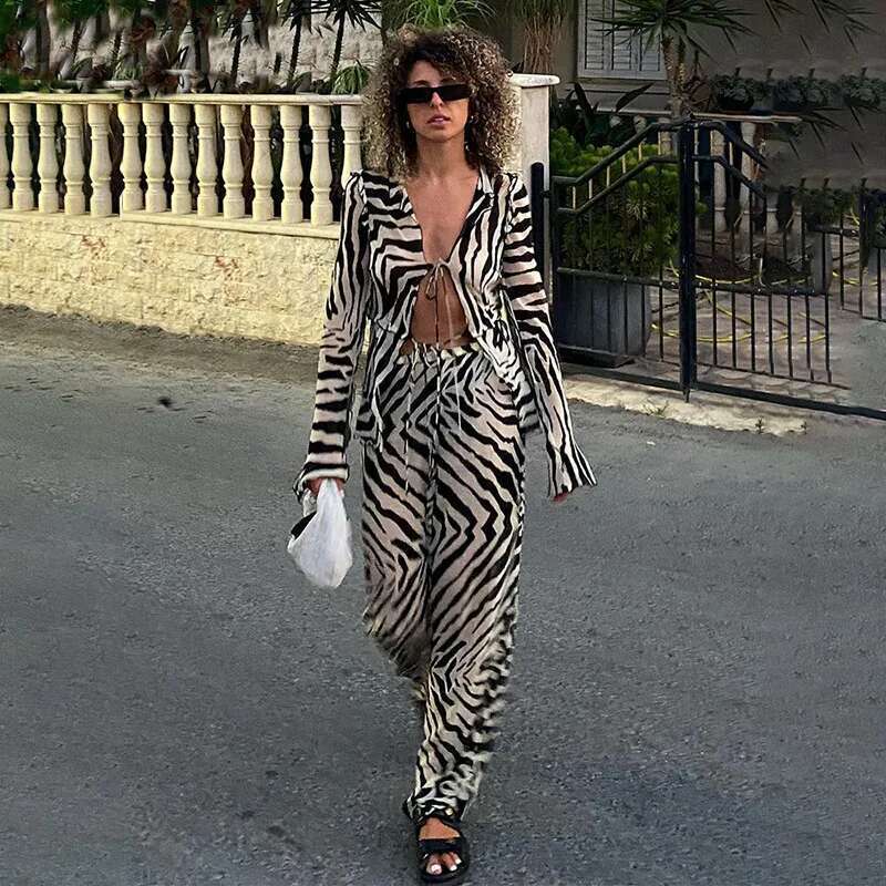 Cryptographic Animal Print Mesh Sheer Stripe Tie Front Detail Top Matching Fashion Outfits 2 Piece Sets Holiday Beachwear