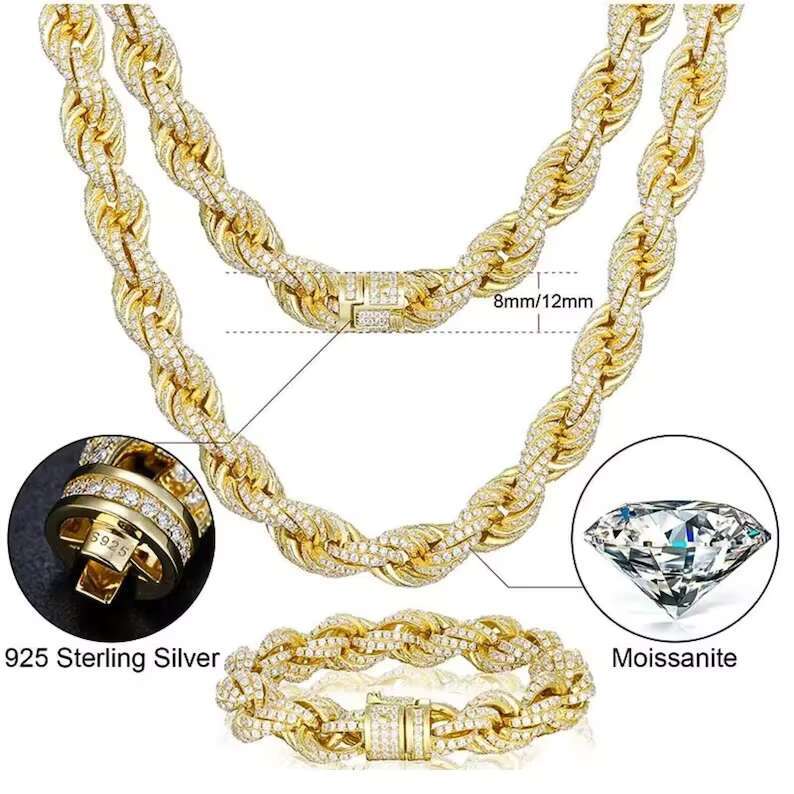 Moissanite Cuban Chain 925 Sterling Silver Iced Out 8mm/12mm Hiphop VVS Moissanite Rope Chain
