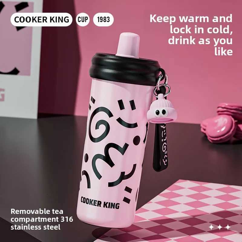 Fashionable cup COOKER KIN Children Cute 316 Stainless Steel Thermos Cup Student Kit Portable 600ml Large Capacity Straw Cup ple Y251110