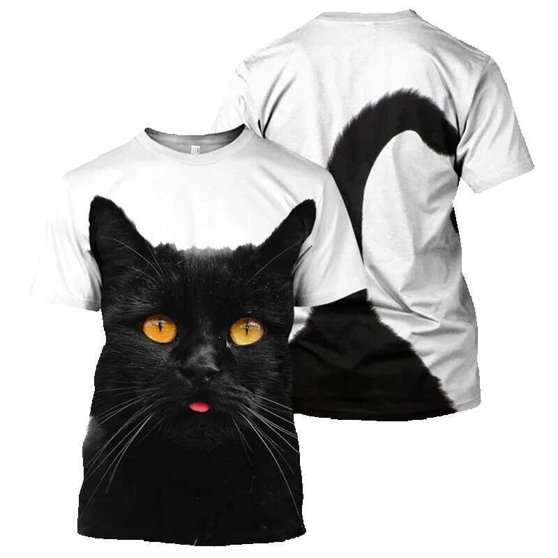 Men's short sleeved round neck T-shirt, unisex casual clothing, 3D black cat pattern print