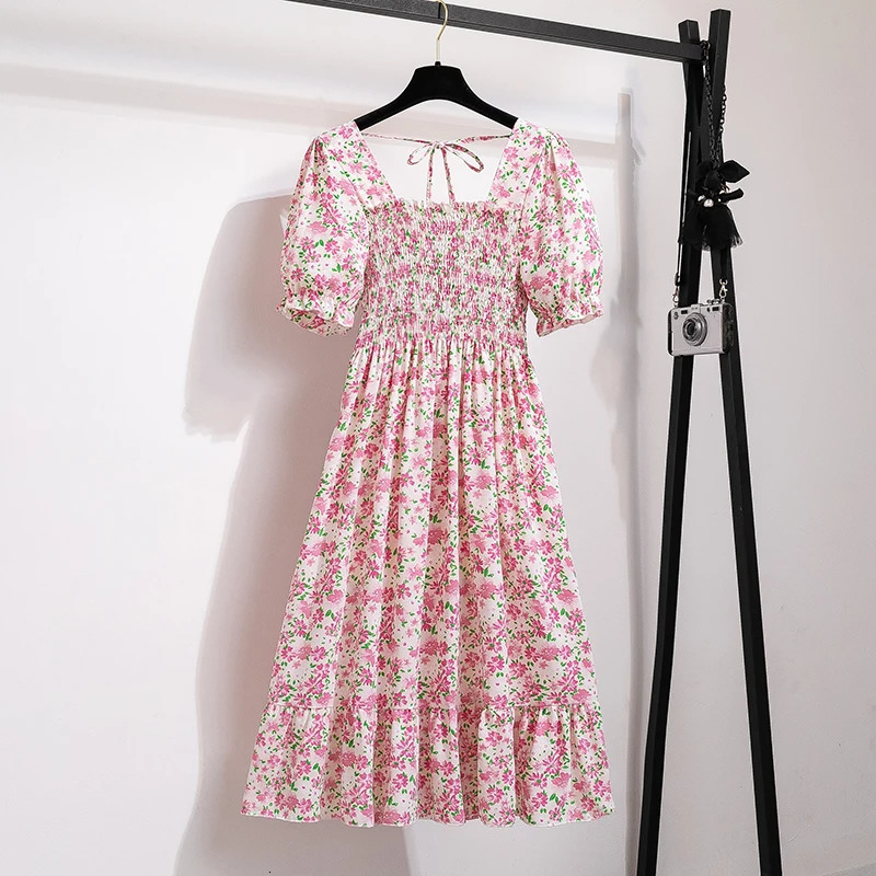 Summer pleated womens chiffon dress casual beach holiday short sleeved square neckline womens Midi dress Bohemian unprinted Vestidos 250409