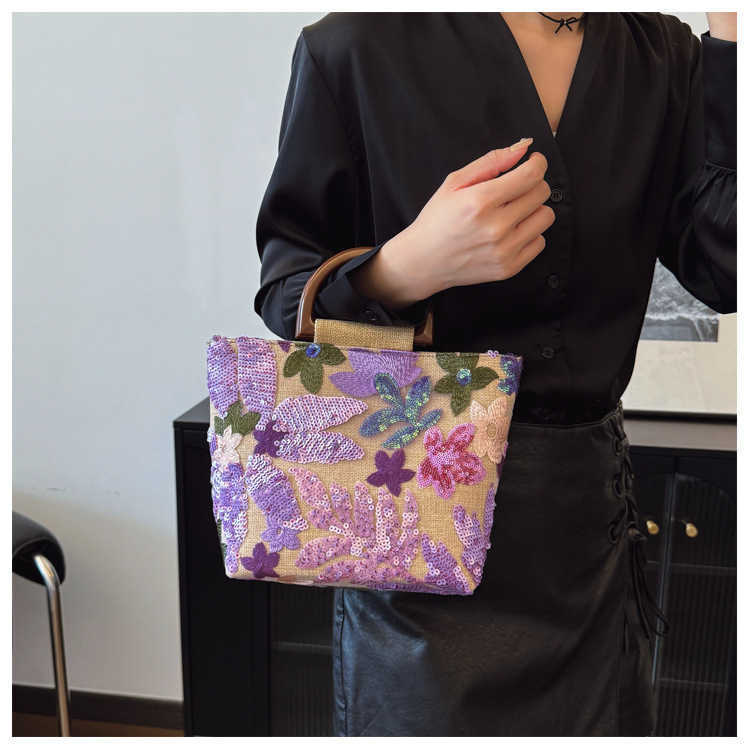2025 Summer Cross-border New Bamboo-Strand Handbag - High-Quality Texture, Colorful PVC, Beads, Linen Embroidery Handbag for Luggage Carry